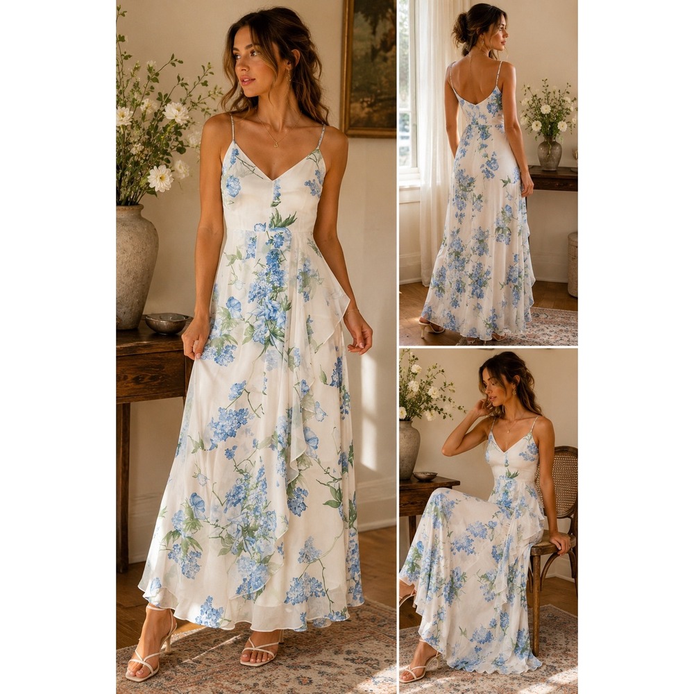 Vestique Blue Floral White Chiffon Maxi Dress Ruffle Slit V-Neck Size Medium